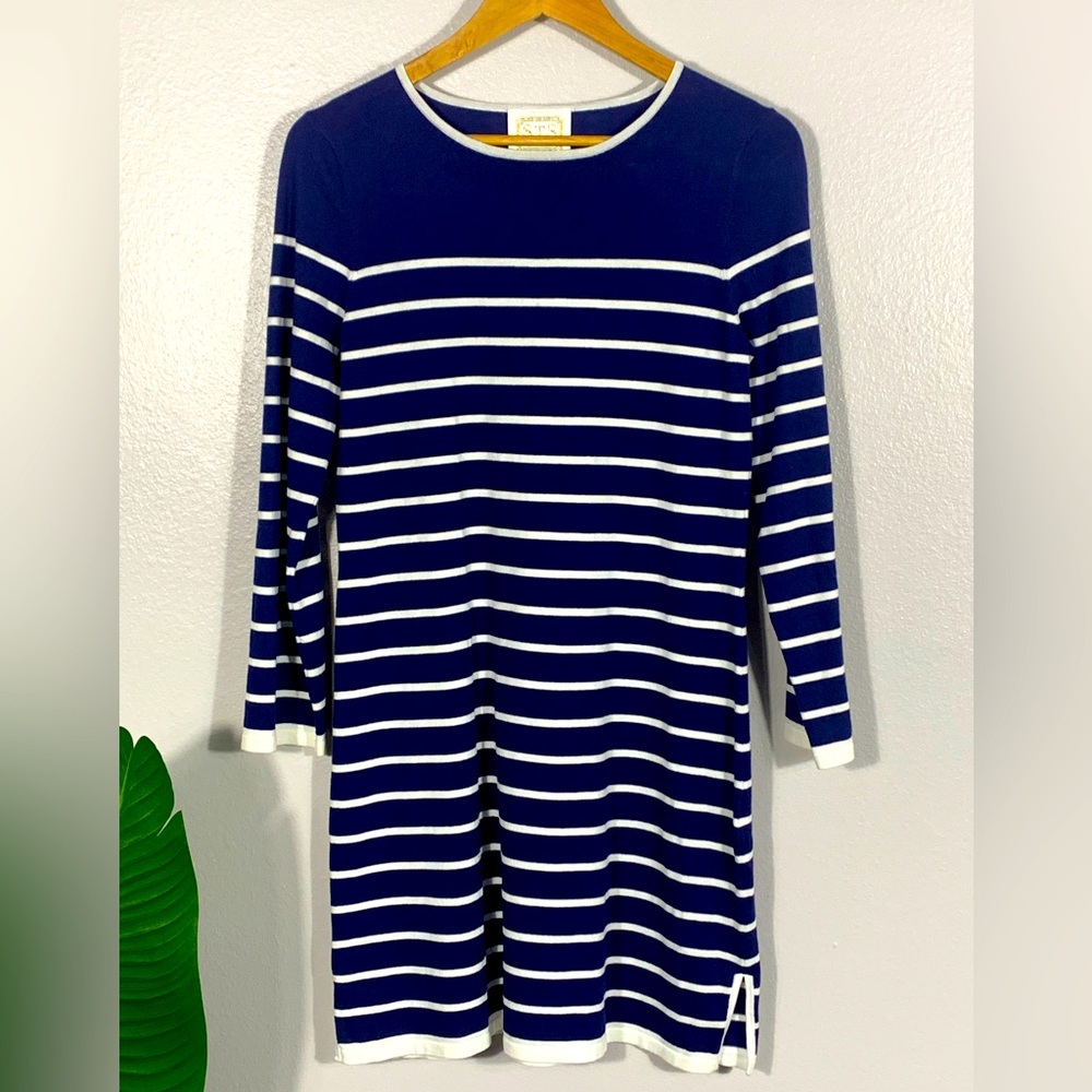 STS Sail to Sable Sz S Long Sleeve Knit Dress Navy White Stripe Nautical Cotton